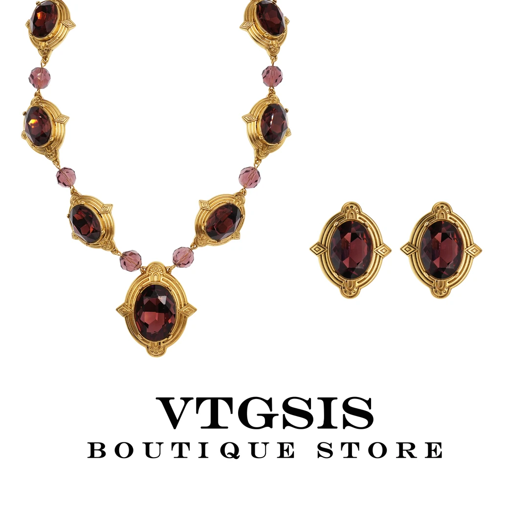 VTGSIS 合金耳饰 21763/3641浪漫情调复古紫色椭圆耳夹项链轻奢