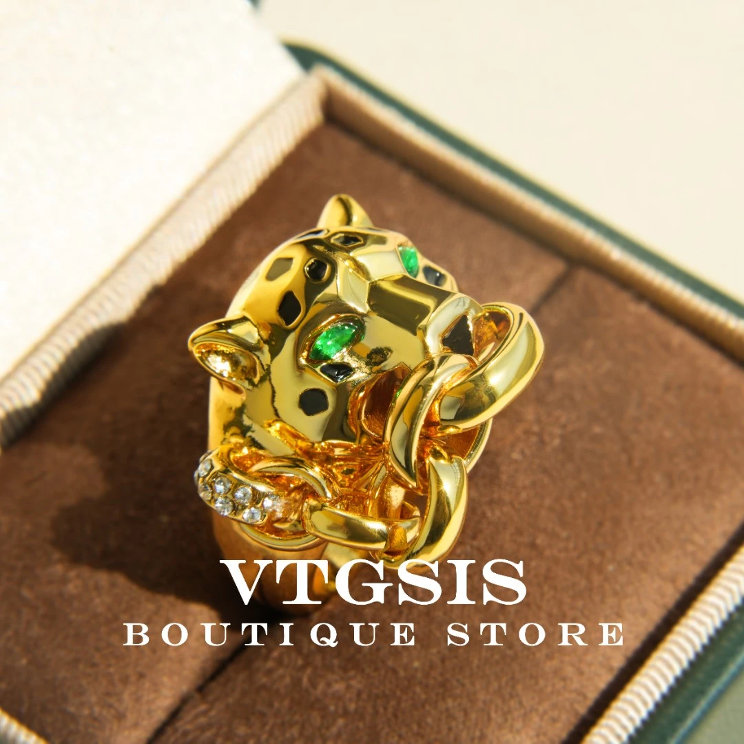 VTGSIS 合金合成锆石戒指 1365金色锁链豹猫戒指手工【直播同价】