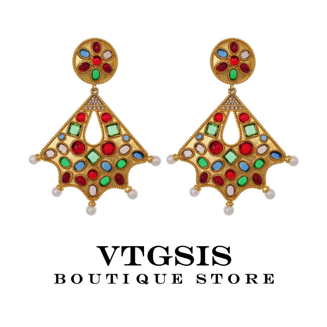 VTGSIS 合金耳饰 2452彩宝扇型耳钉耳饰设计师气质复古女士耳环