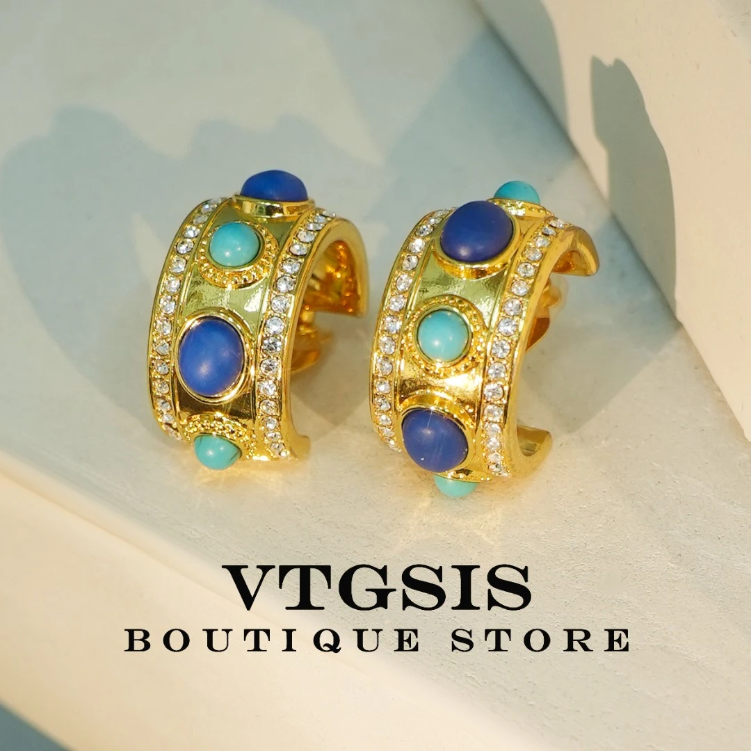 VTGSIS 合金合成锆石耳饰 【中古姐妹推荐】金缕环影蓝青耳夹21787