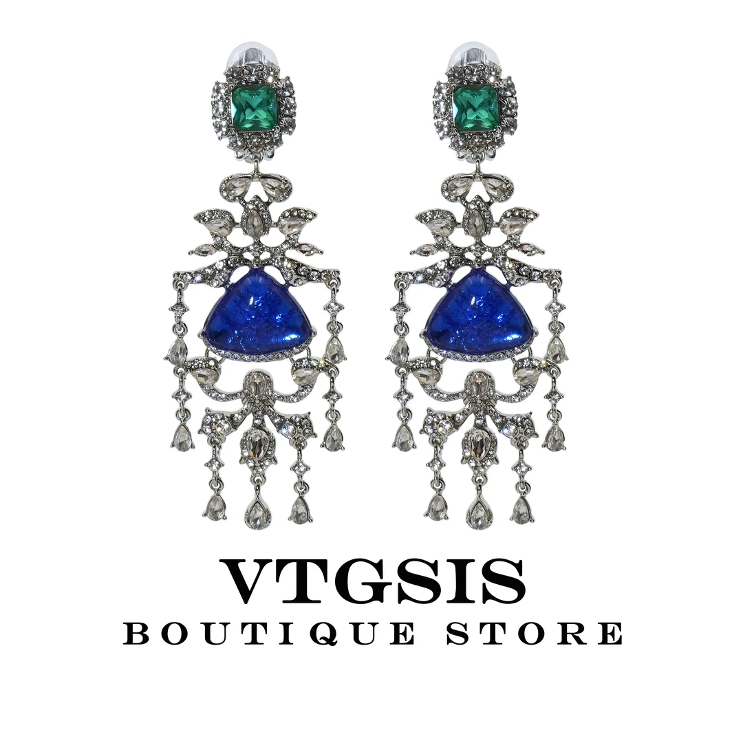 VTGSIS 合金合成锆石耳饰 21991未知海域蓝色流苏耳夹高级感饰品