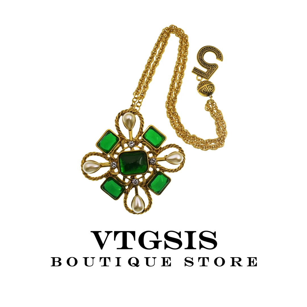 VTGSIS 合金仿珍珠胸针 5883梦幻5号链绿色方型胸针【直播同价】