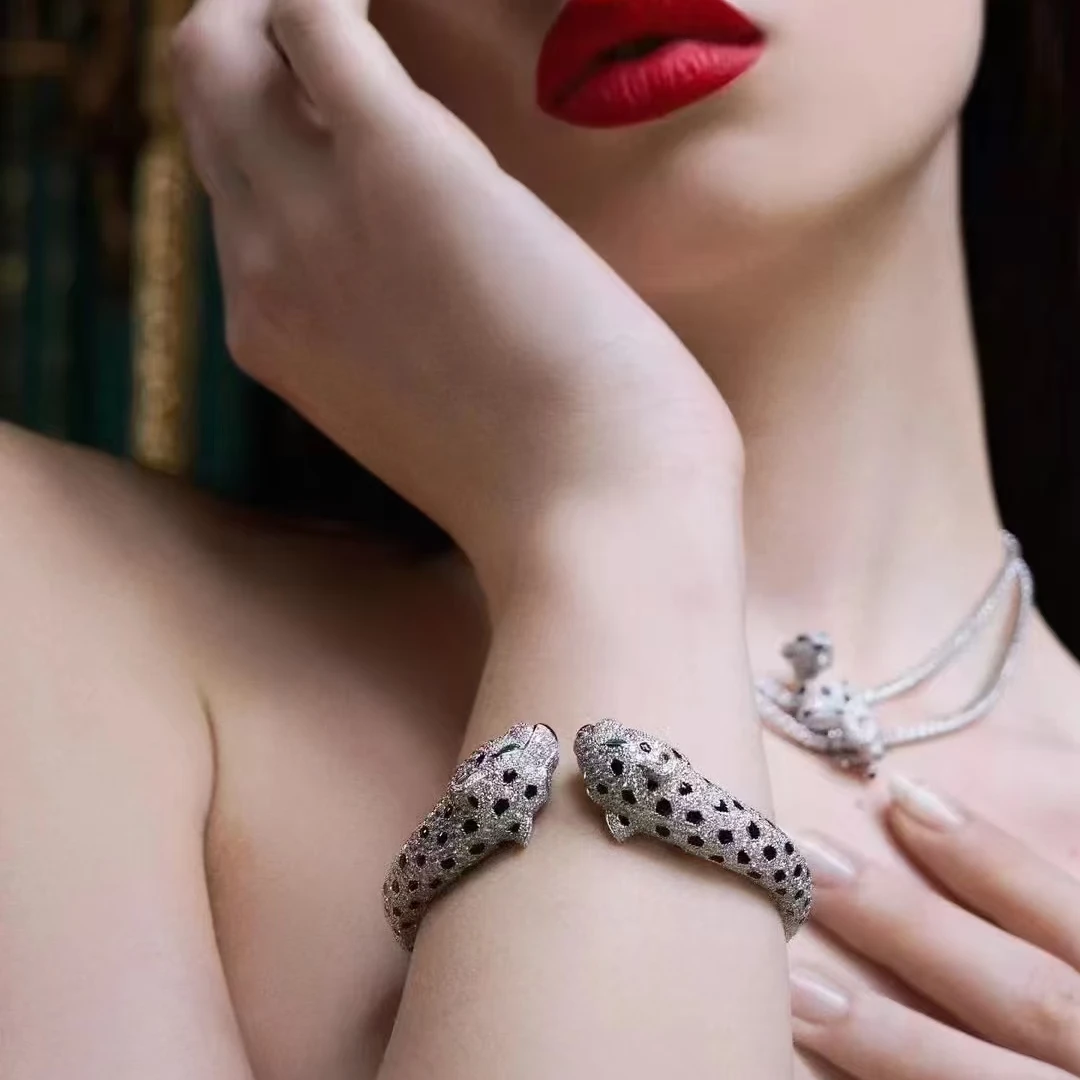 VTGSIS 925银合成锆石手镯 银色双头猎豹手镯个性百搭女饰品6288