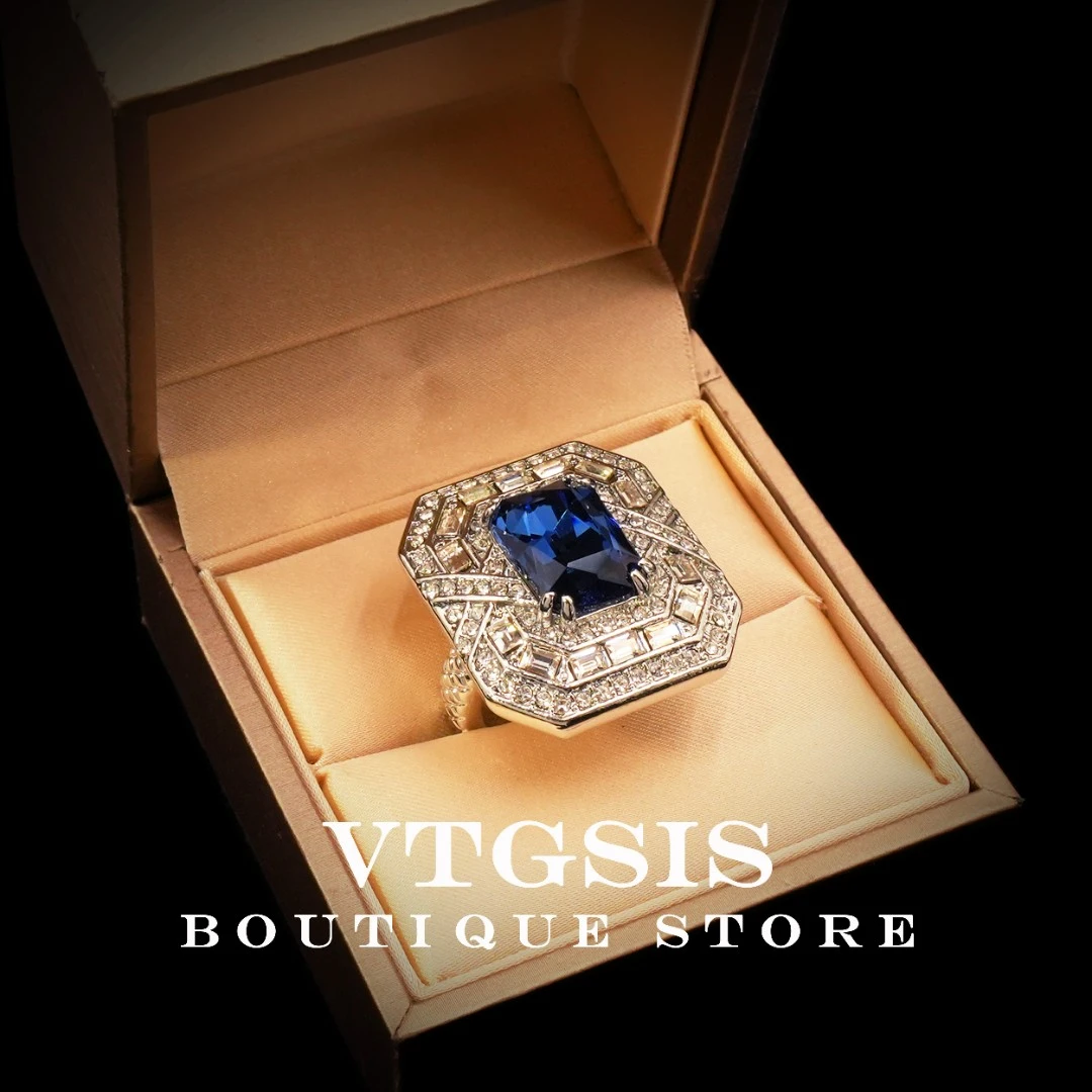 VTGSIS 合金合成锆石戒指 1252空谷幽兰蓝色方型戒指复古镶嵌轻奢
