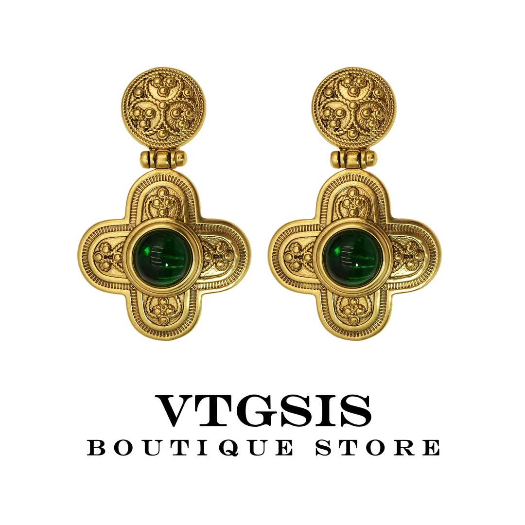 VTGSIS 合金玻璃耳饰 21627雾色迷离绿色十字耳夹气质【直播同价】