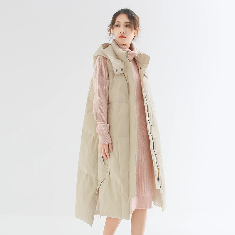 羽绒马甲女冬中长款2022新款女装连帽简约文艺百搭显瘦外穿背心