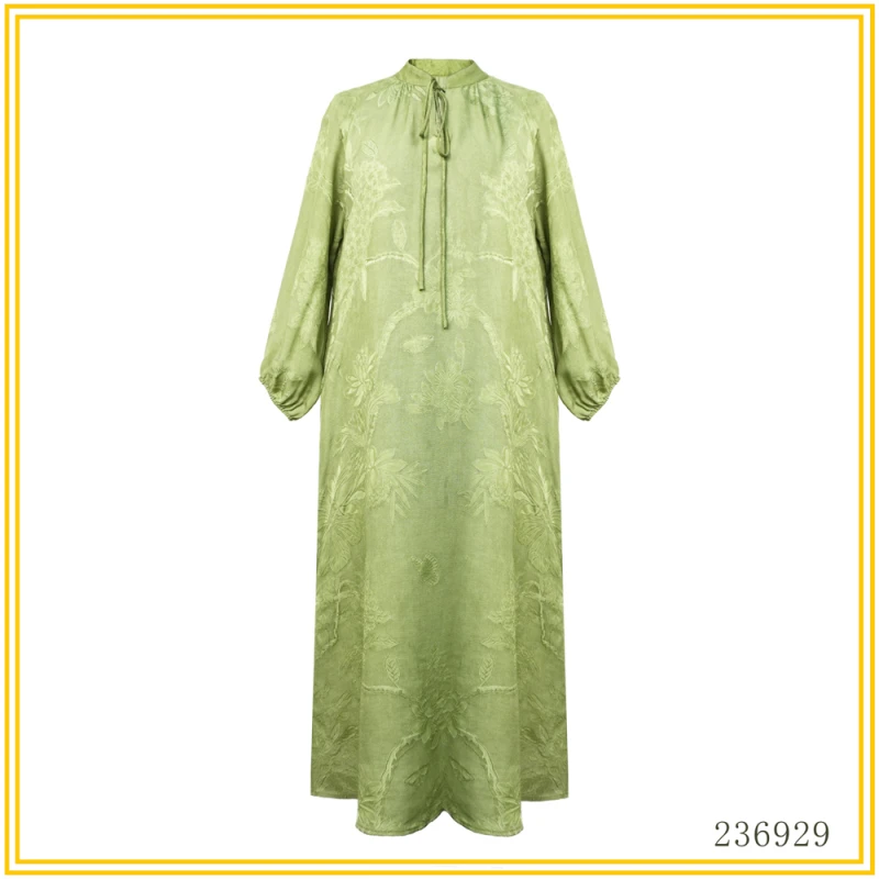 nj苏丝迈新款四经绞萝新中式复古长袖淡绿色连衣裙 236929-1