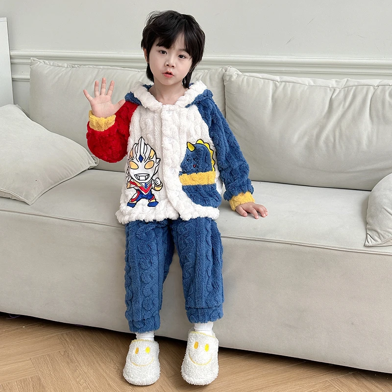 儿童睡衣宝宝加绒加厚家居服男童开衫珊瑚绒套装小男孩秋冬奥特曼