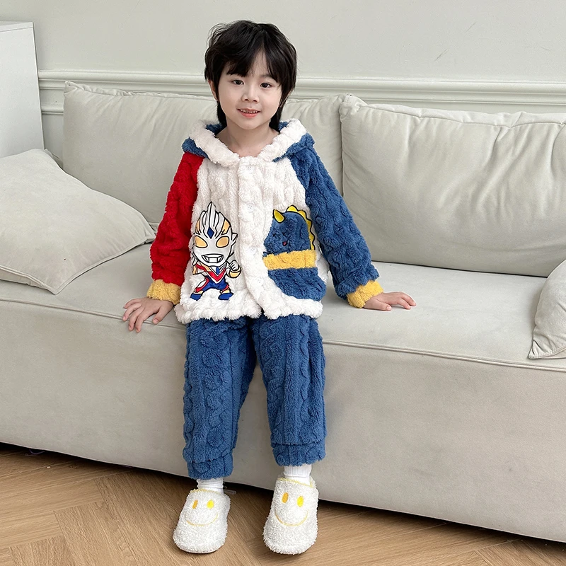儿童睡衣男童珊瑚绒秋冬季加绒加厚2024新款套装男孩法兰绒家居服