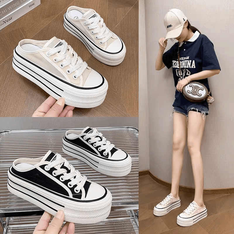 718帆布半拖鞋女外穿夏季年新款增高厚底凉拖无后跟懒人鞋小白鞋