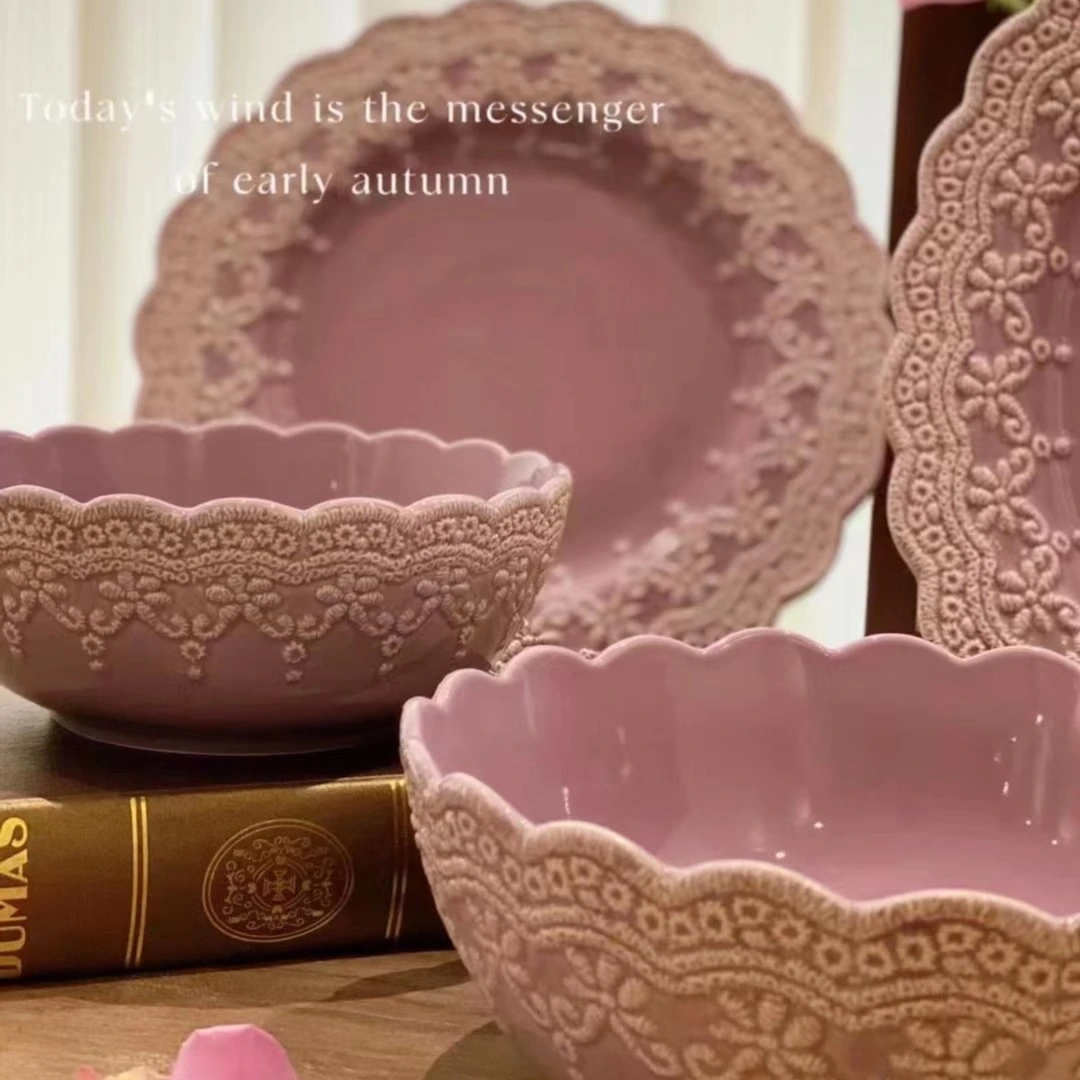 川岛屋蕾丝花边餐具套装家用陶瓷紫色装家用米饭碗菜盘汤碗汤盘