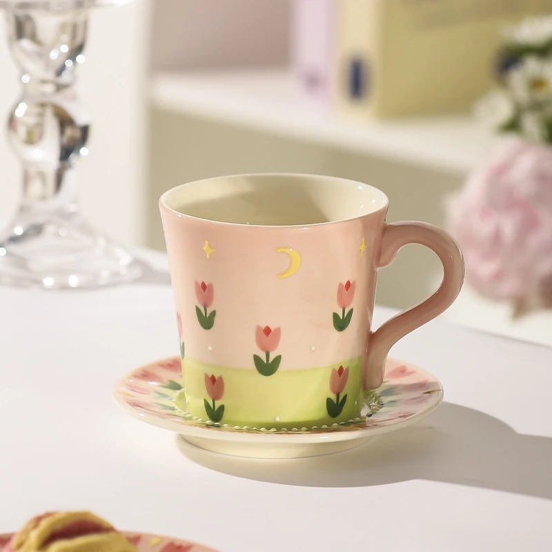 川岛屋郁金香陶瓷马克杯女生高颜值釉下彩家用喝水杯牛奶咖啡杯子