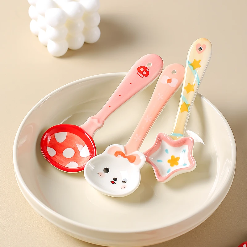 川岛屋卡通陶瓷勺子可爱高颜值调羹家用创意儿童吃饭勺长柄小汤勺