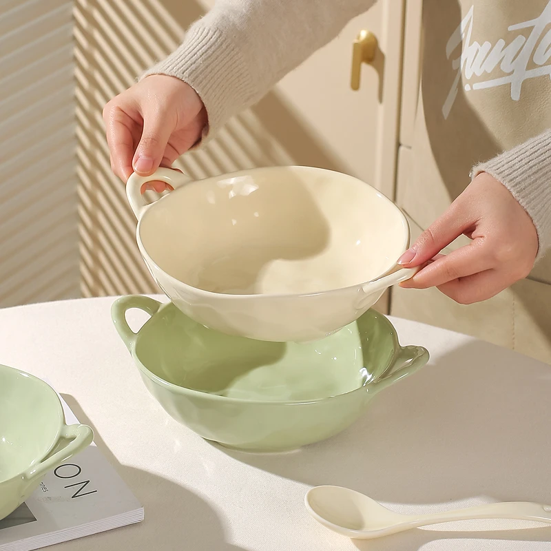 川岛屋奶油风双耳面碗家用陶瓷汤盆水果沙拉碗螺蛳粉碗吃泡拉面碗