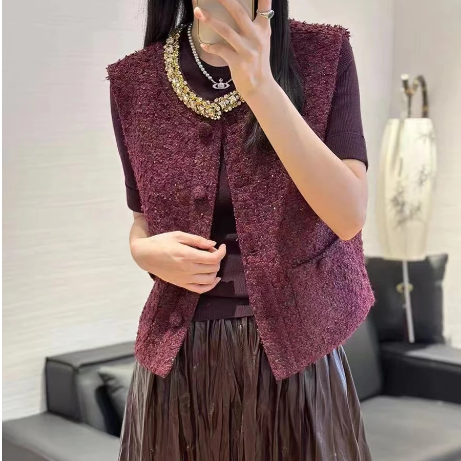 【高端定制】2024秋季新款重工烫钻小香风马甲百搭显瘦无袖坎肩外套