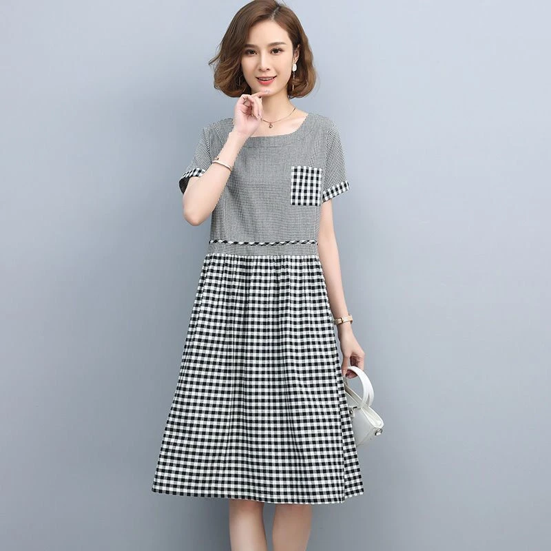 棉麻格子连衣裙女夏季妈妈装直播宽松中老年妈妈圆领短袖A字裙