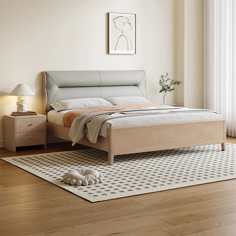 现代简约北欧奶油风实木大床软包皮艺床婚床橡木床大床室储物家用