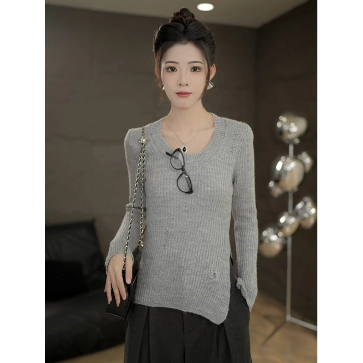 TITI定制【南屏晚风】气质破洞百搭显瘦打底长袖针织衫女TX248620