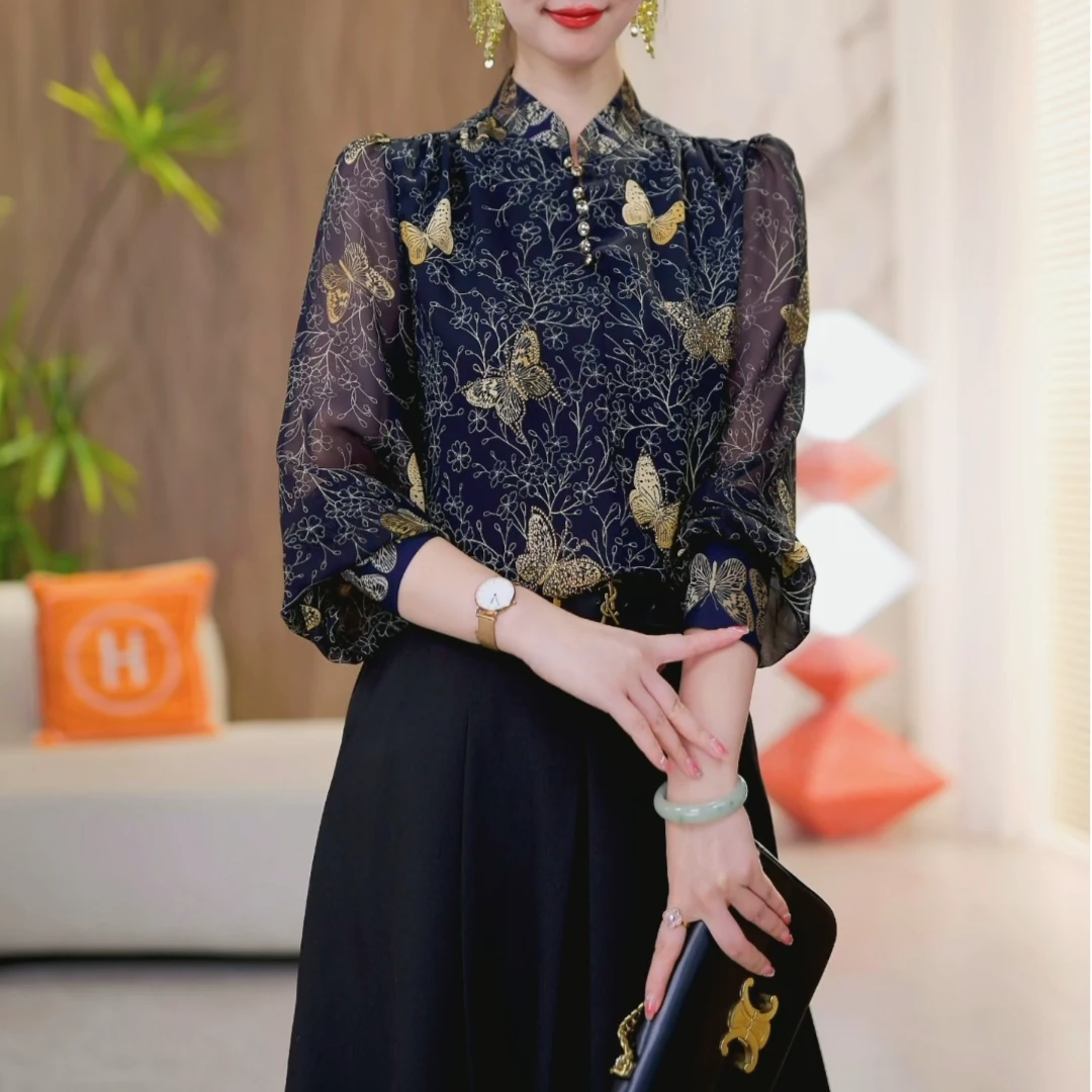 现货【星光蝶舞】时尚立领2024秋款长袖显瘦宽松T恤新款减龄上衣