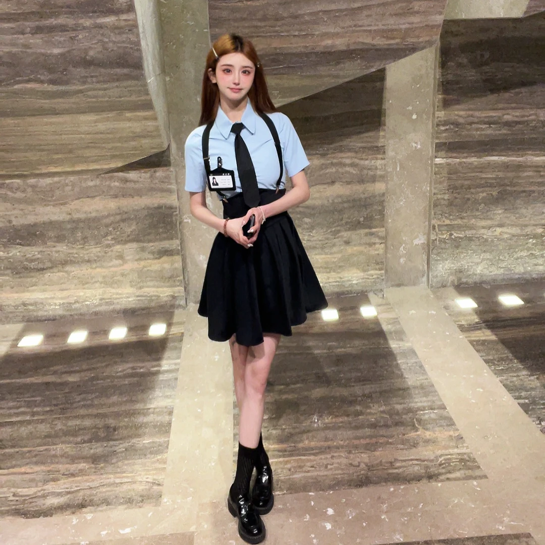 甜辣学院风JK夏季时尚显瘦高腰纯欲短袖衬衫百褶裙学生制服套装潮