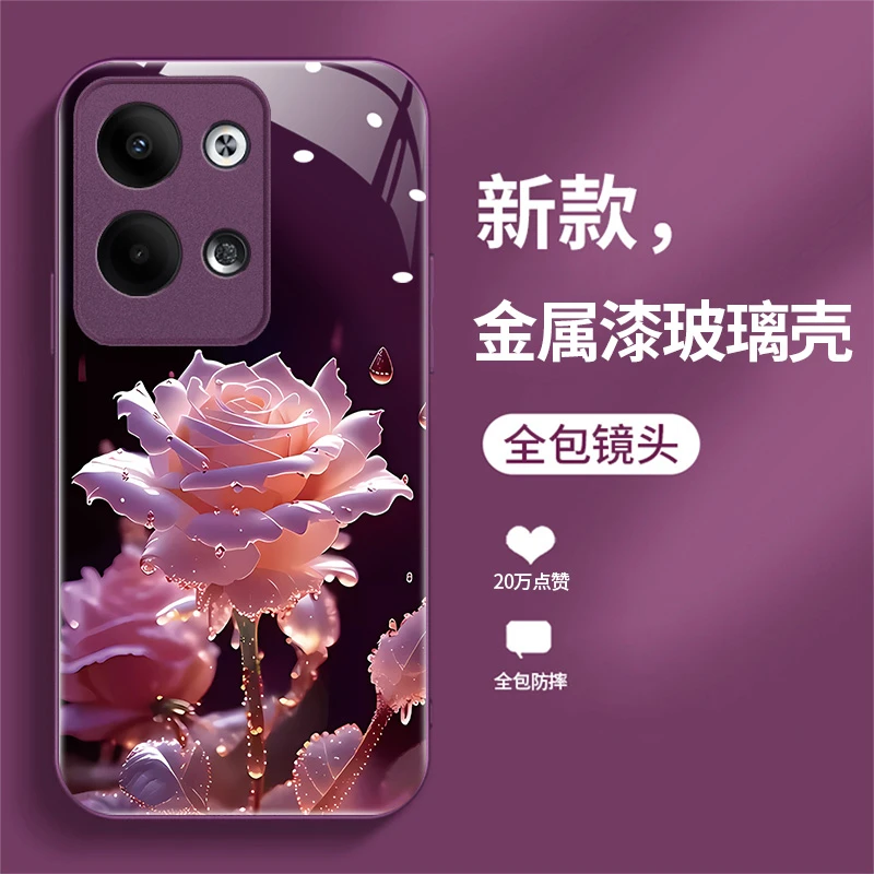 适用OPPOReno9手机壳液态玻璃保护套个性时尚潮牌可爱雨中绽放