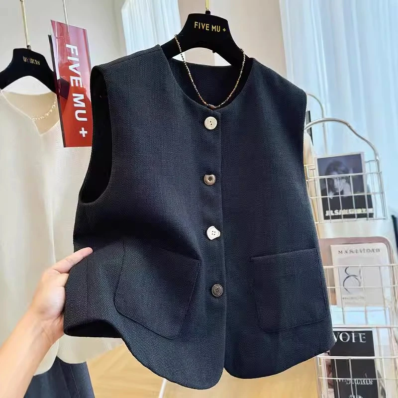 黑色西装马甲背心女2025早秋新款圆领叠穿小香风无袖坎肩马夹上衣