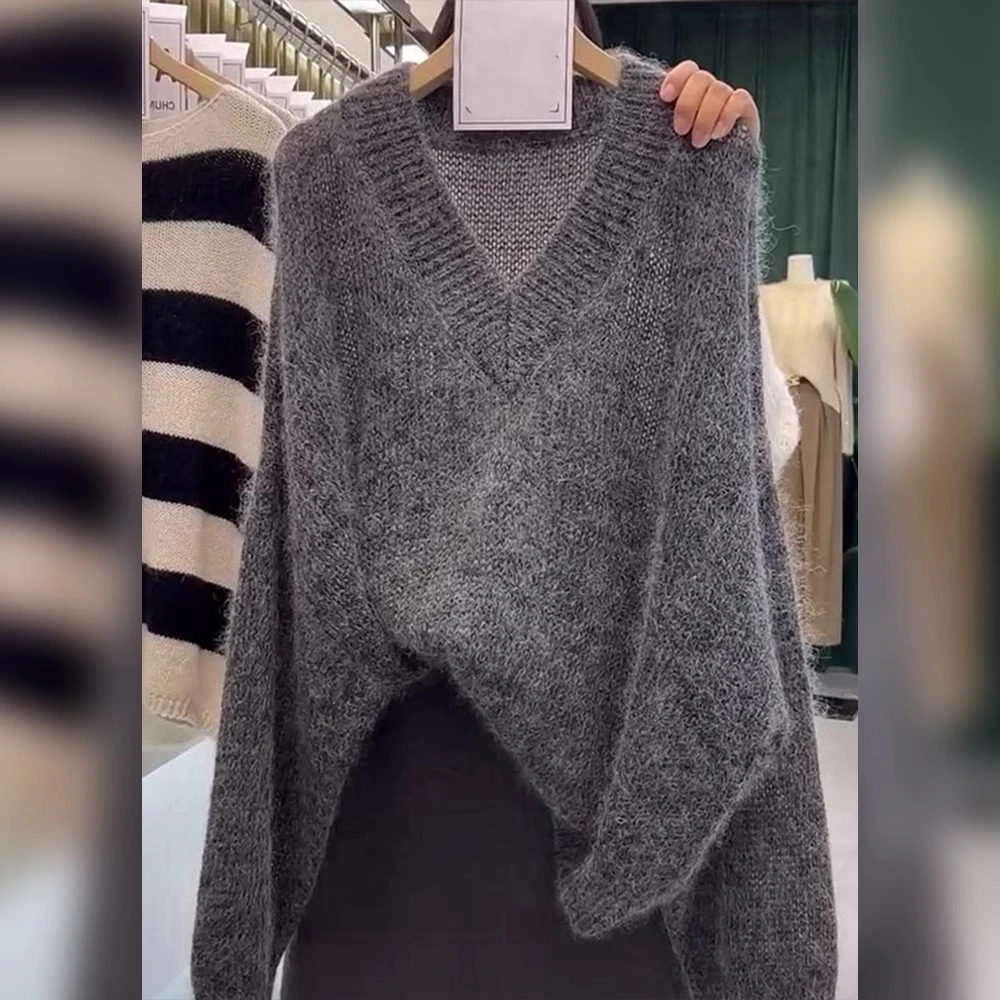 深灰色V领宽松慵懒毛衣针织衫女2025秋冬季新款韩系chic别致上衣