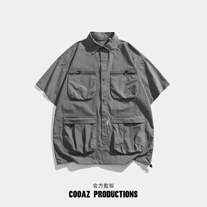 COOAZ复古高街美式短袖休闲衬衣日系男款翻领宽松几何印花衬衫