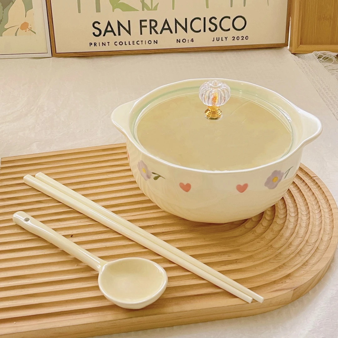 【省钱风家居】泡面碗+勺+筷子奶油风紫藤花装汤碗宿舍陶瓷餐具泡面