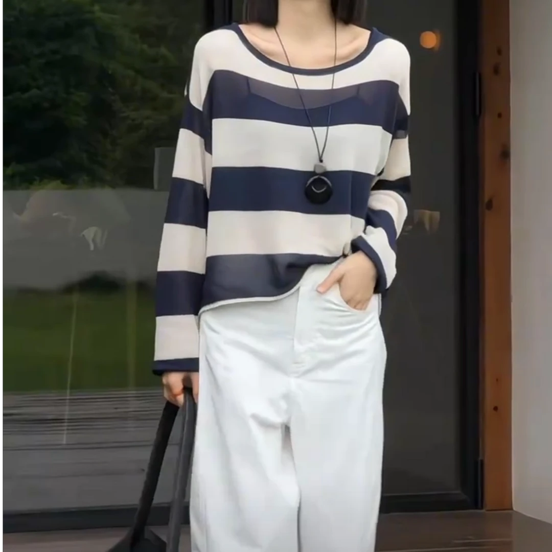新款洋气气质条纹长袖上衣休闲阔腿裤女装-