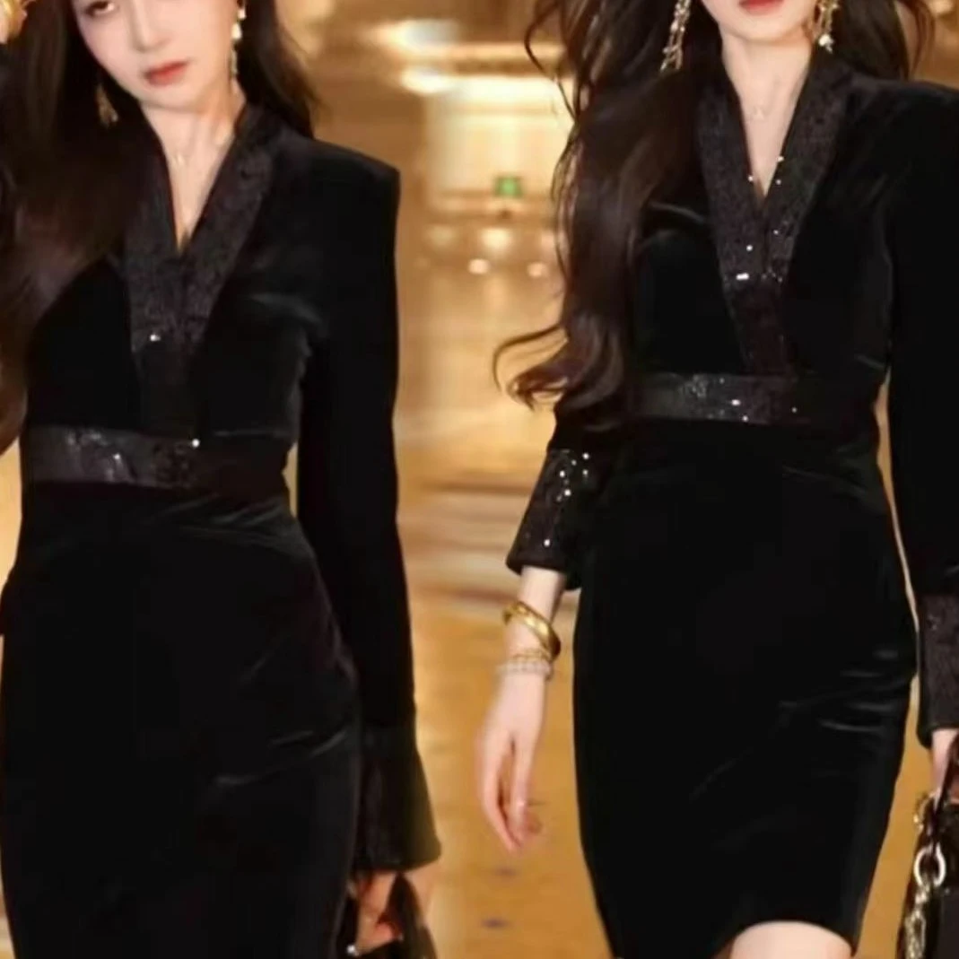 秋季新款女神范修身显瘦亮片拼接高档包臀连衣裙