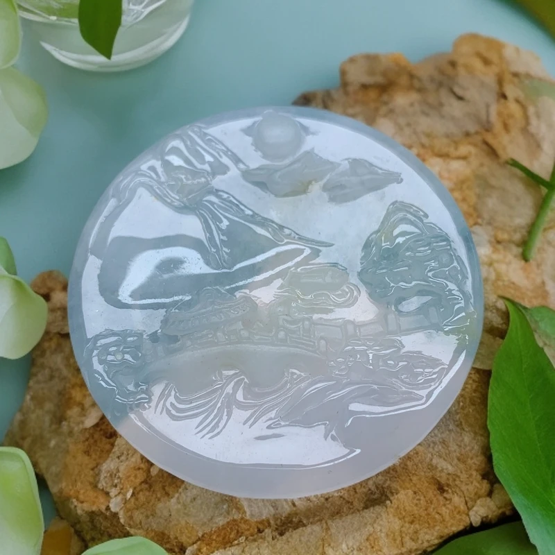 4829~天然翡翠A货冰透精雕山水牌吊坠气质高贵经典精美挂件