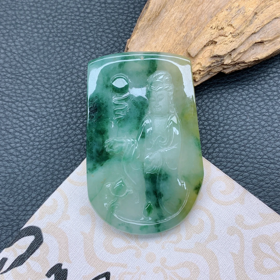 2502~天然翡翠A货冰透精雕黄+绿大慈大悲观音吊坠高贵精美挂件