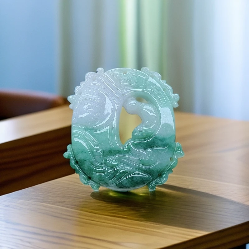 035~天然翡翠A货冰透精雕悟道吊坠气质高贵精美潜心向佛挂件挂坠