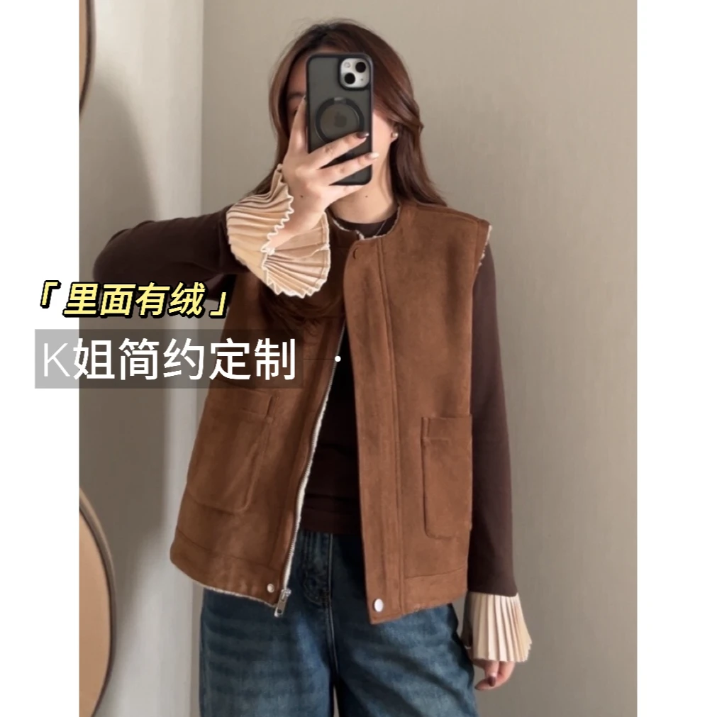 D1562秋冬女款简约时尚休闲百搭复古加绒马夹马甲