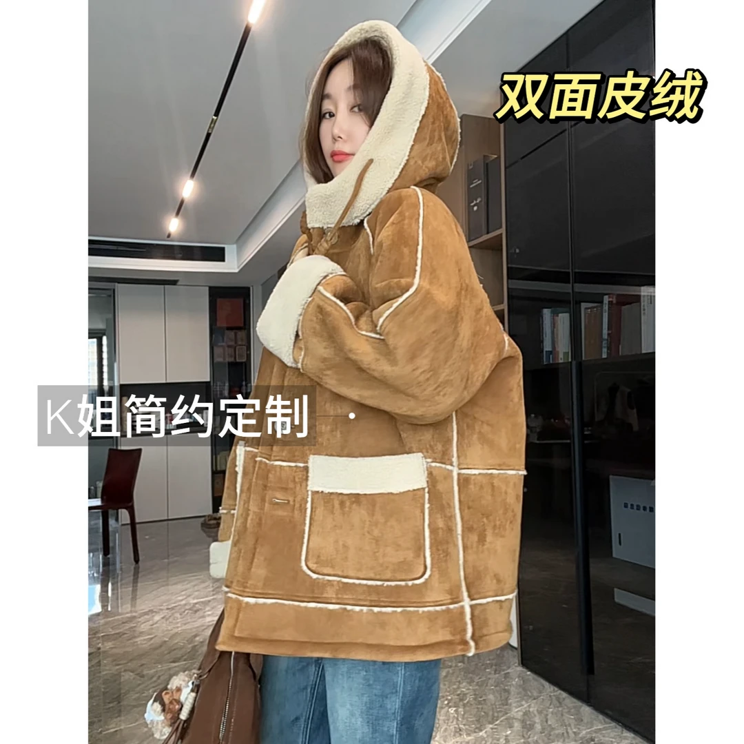 D1494冬季女新款简约百搭宽松上衣女秋冬加绒加厚连帽外套