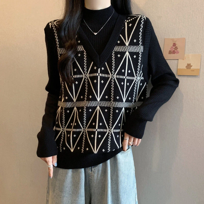 大码女装洋气假两件针长袖针织衫秋冬气质半高领宽松毛衣打底上衣