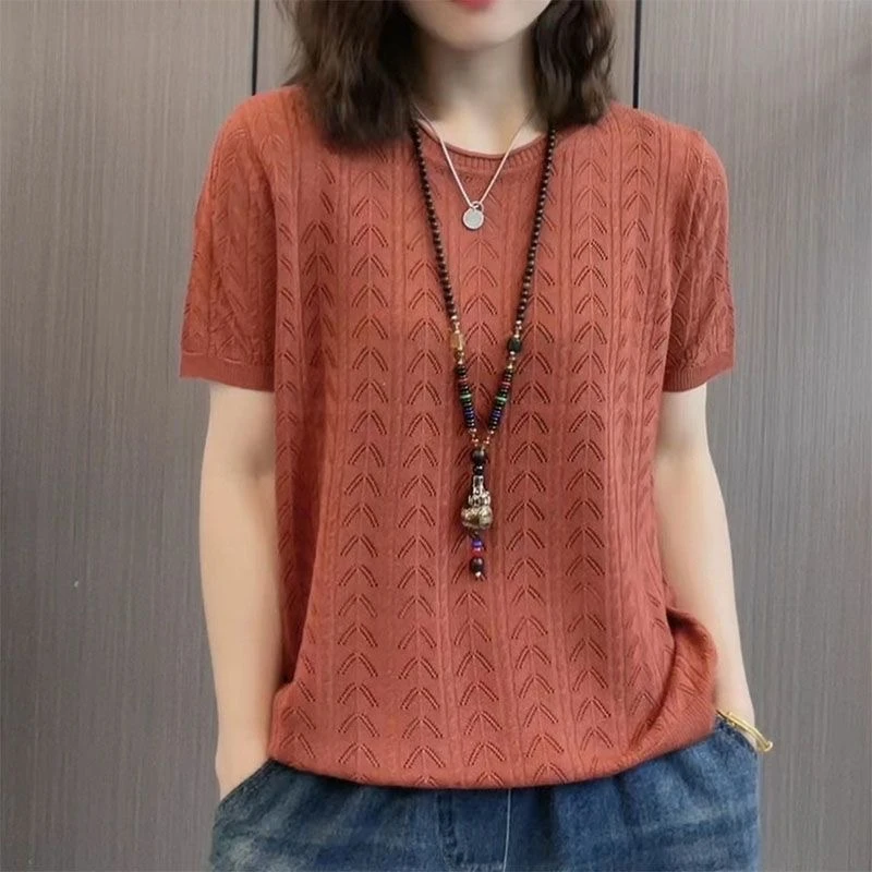 170斤可穿圆领套头薄款针织衫女夏季镂空百搭冰丝短袖T恤显瘦上衣