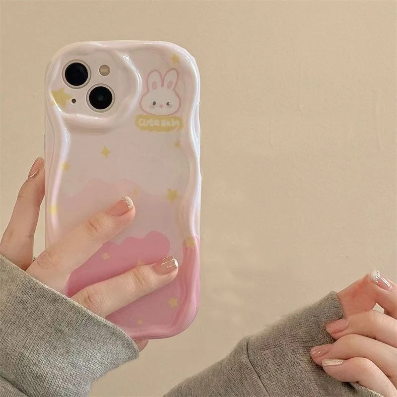 适用奶油纹渐变粉兔子适用iPhone14promax13手机壳苹果12/11软壳6