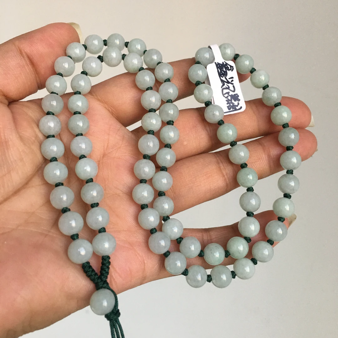 天然翡翠圆珠链卡7+淡绿色圆珠路路通珠链吊坠绳链男女款玉石挂链