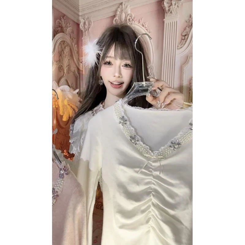 【崔】Z0077法式小众V领褶皱显瘦针织衫女百搭上衣