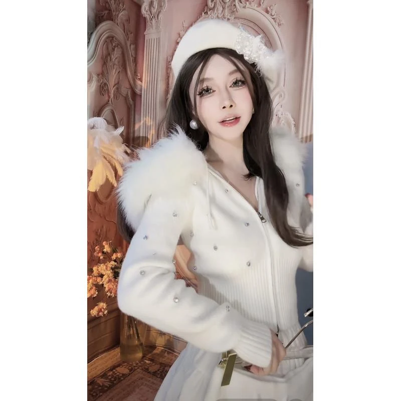 【崔】M0159大毛领连帽慵懒风针织外套秋冬高级感开衫上衣