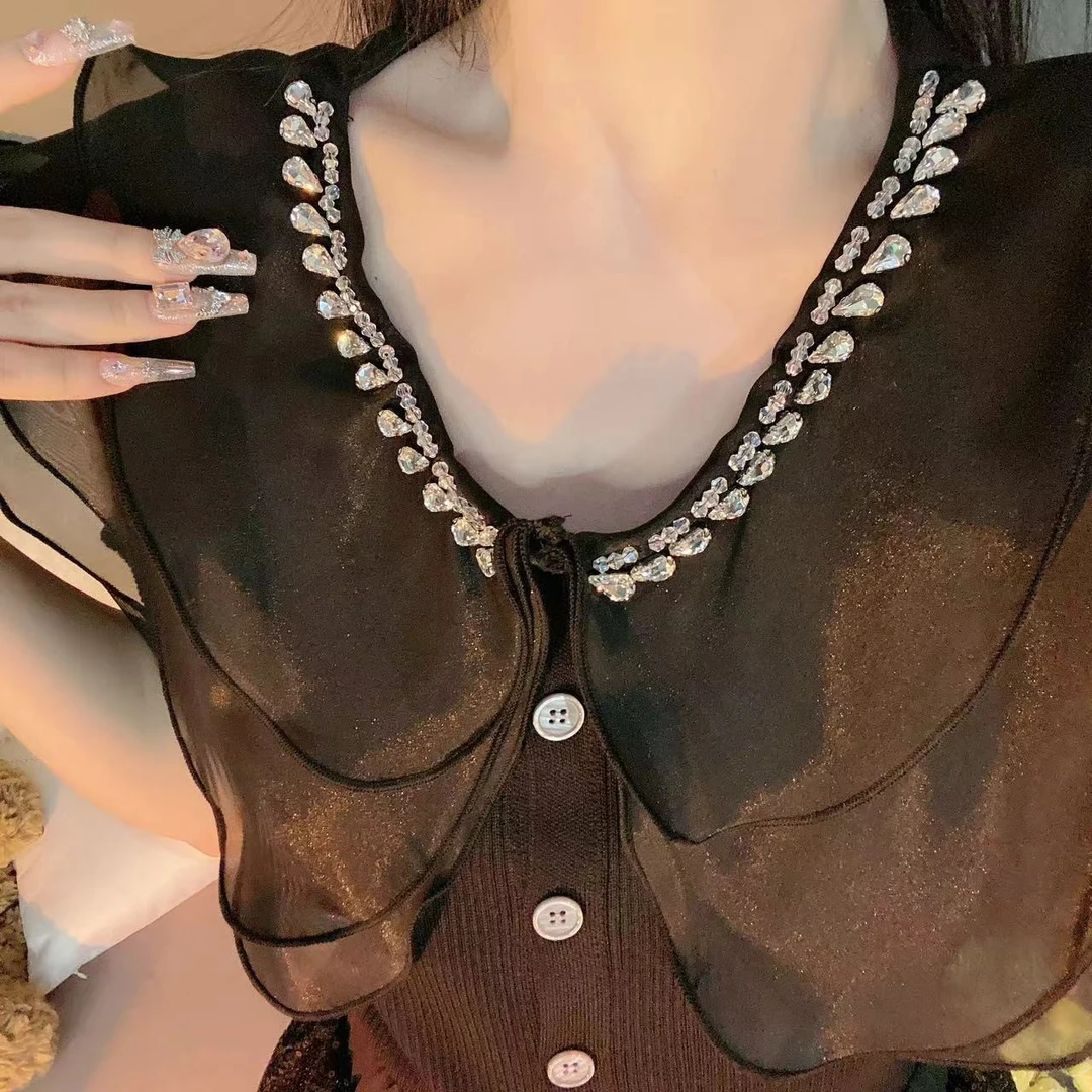 【崔】巴黎幻梦 设计感重工镶钻多层荷叶边娃娃领甜美小衫243099