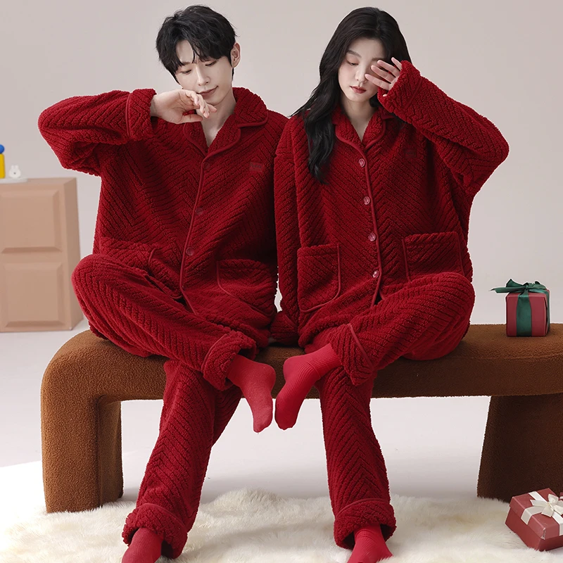 情侣睡衣秋冬季珊瑚绒新婚结婚红色男女法兰绒本命年男家居服