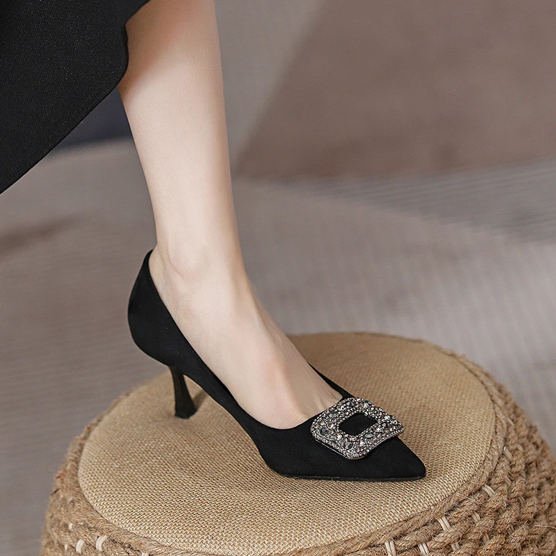 真皮不累脚浅口高跟鞋女舒适百搭黑色职业工作鞋尖头高跟鞋细跟