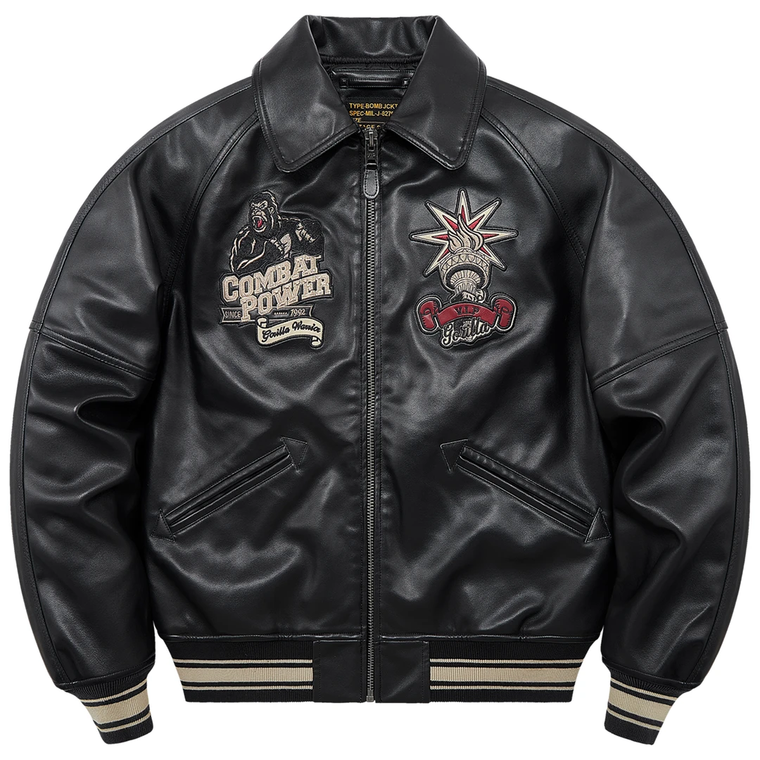 VIP美式复古皮衣男冬季加厚棉服翻领机车夹克刺绣棒球服棉衣外套