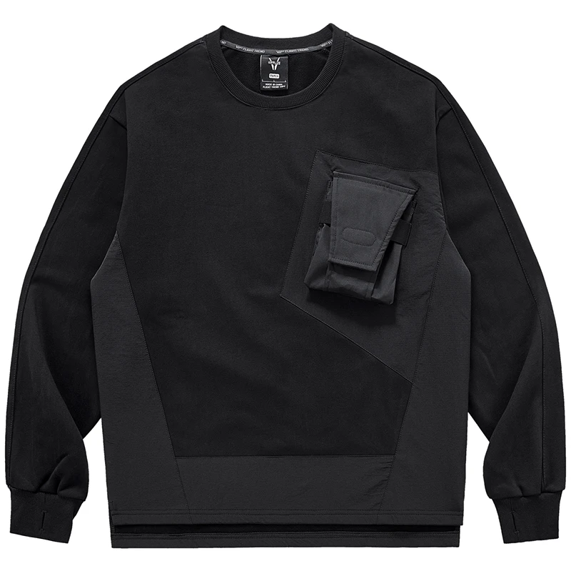 VIP重磅卫衣男机能风拼接口袋宽松长袖t恤小众设计感圆领套头上衣