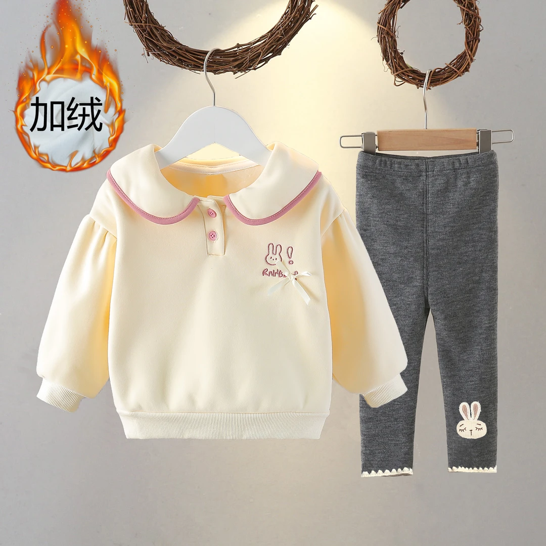 女童加厚卫衣女宝宝加绒套装秋冬款婴幼儿78个月小童保暖衣1-3岁2