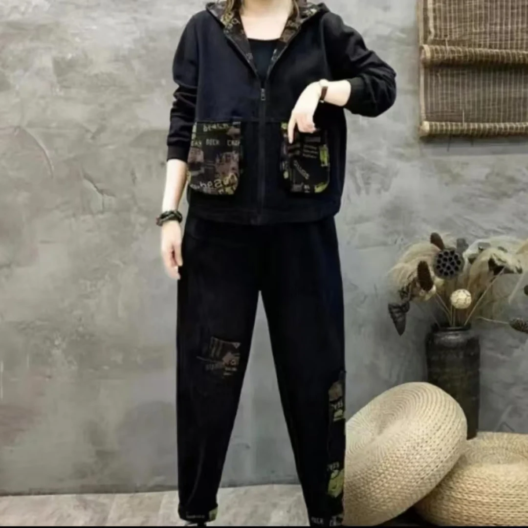 复古印花牛仔套装女秋冬连帽牛仔宽松哈伦裤两件套装1876款