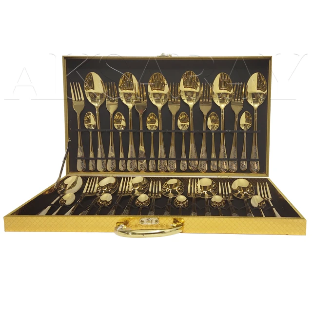 AKSARAY北欧式特色豪华花纹不锈钢套装大勺 中勺 小勺子 金色36件